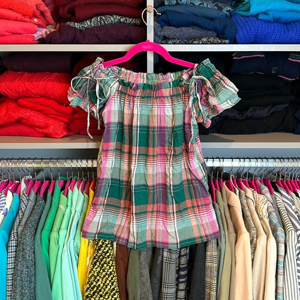 LOFT Pink & Green Plaid Off-Shoulder Tunic